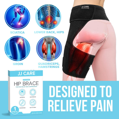 JJ CARE Hip Brace - 1 Pc Ortho Wrap Hip Brace for Sciatica | Stretchable Support Wrap with Thigh and Hamstring Braces - Fits up to 45" Waistline | Non-Slip Neoprene Design for Men and Women